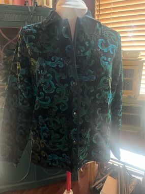 Coldwater Creek Jacquard medium Women's Velvet Button-Up Jacket in Teal & Black